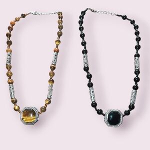 Pick one vintage bead tiger's eye or onyx silvertone adjustable Necklace